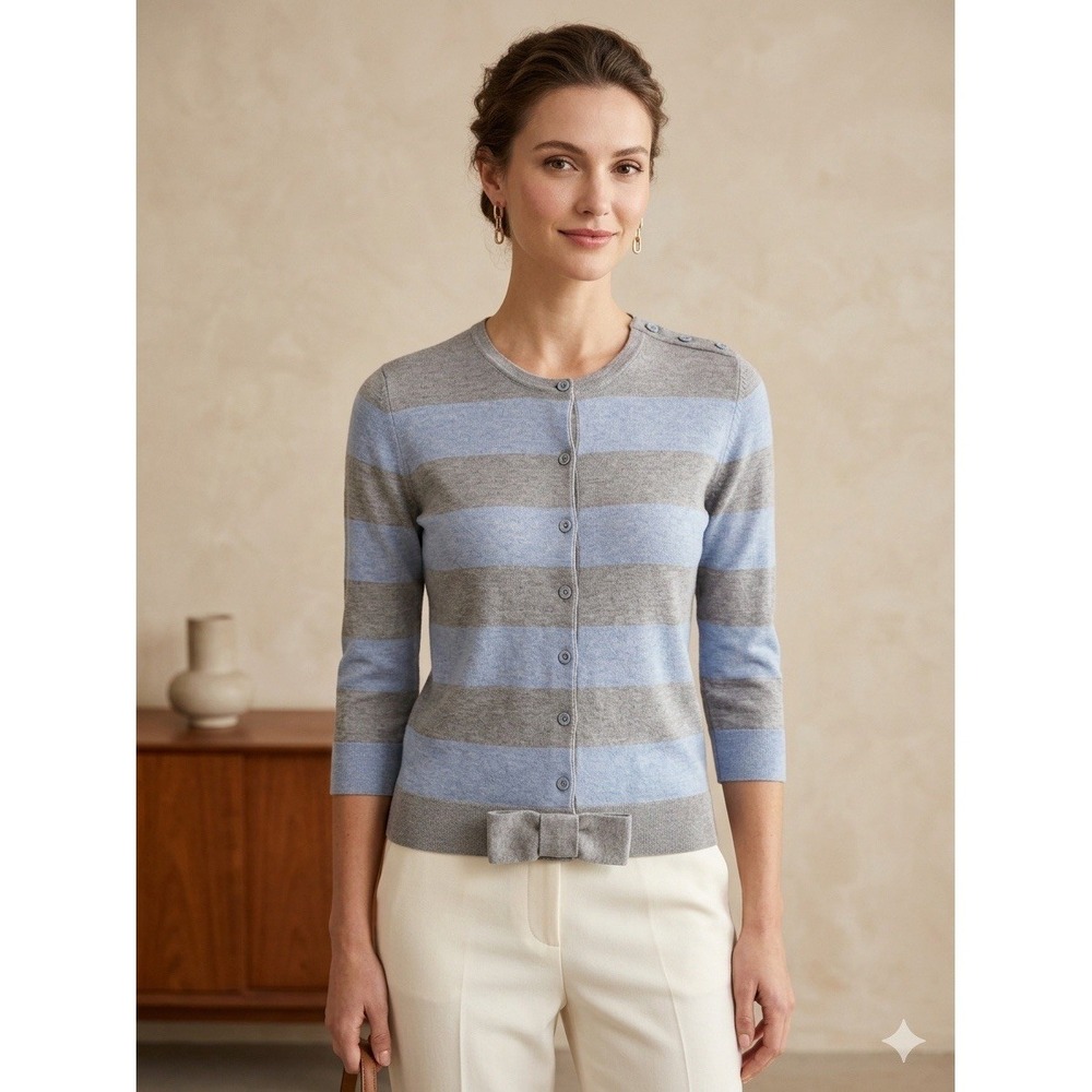 RED Valentino Striped Knit Cardigan Sweater NWT Blue Gray Bow Hem Size M